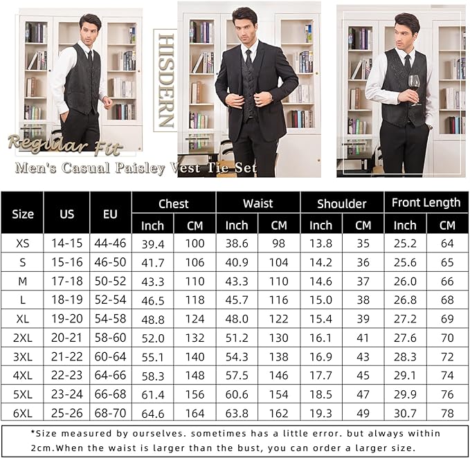 Hisdern Men's Paisley Floral Jacquard Waistcoat&Necktie and Pocket Square Vest Suit Set, Black, 3XL(Chest 54 inch)