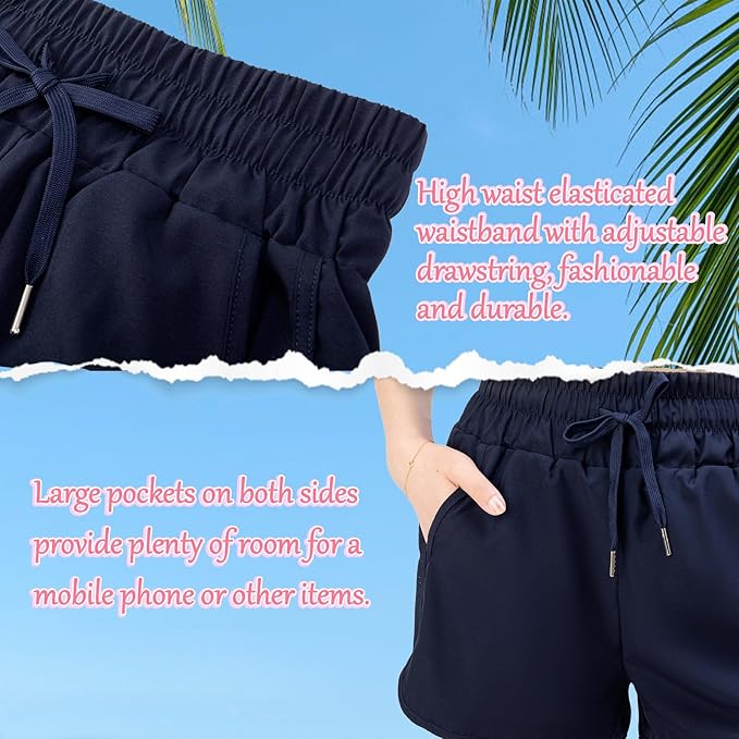 Kefiyis Swim Shorts Women High Waisted Swimming Shorts Quick Dry Ladies Board Shorts with Adjustable Drawstring Surf Shorts with Bottoms and Pockets, Blue, S