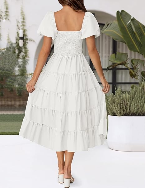ZESICA Women's Summer Square Neck Short Puff Sleeve Solid Color High Waist Casual Smocked Flowy A Line Tiered Midi Dress, White, M