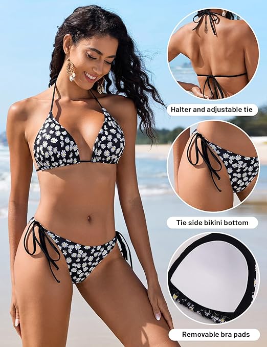 UMIPUBO Women's Bikini Set Sexy Two Piece Swimsuit Triangle Low Waisted Bikini Halter Lace-Up Tie Side Bottom Ladies Swimwear(Black,M)