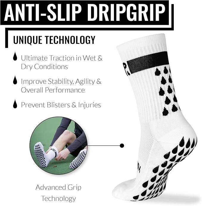 DRIPsox® Football Grip Socks Kids, Junior, Women & Men - 1 Pair White Grip Socks Football (L) - Anti Slip DripGrip Design