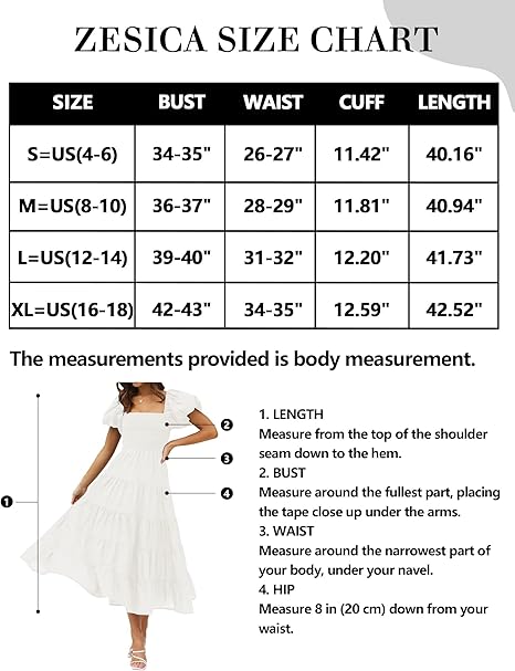 ZESICA Women's Summer Square Neck Short Puff Sleeve Solid Color High Waist Casual Smocked Flowy A Line Tiered Midi Dress, White, M