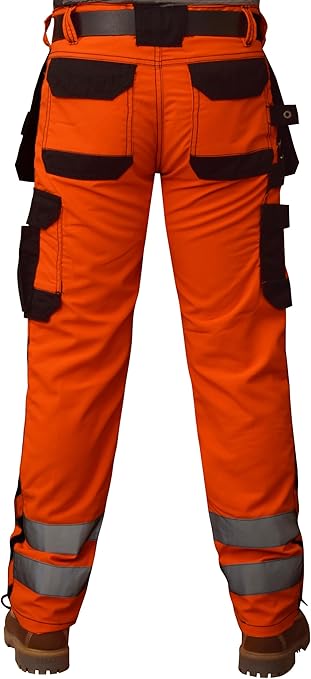 ZS7 Hi Vis Work Trousers Men Durable Polycotton Fabric Multiple Pockets Work Utility & Safety Trousers Reflective Tape High Visibility Work Pants (UK, Waist & Inseam, 38W 34L, Orange)