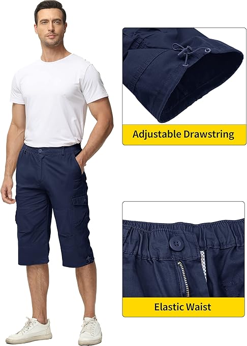 TACVASEN Knee Length Shorts Men Zip Pockets Shorts Military Outdoor Shorts Cargo Shorts Men 3 4 Sports Shorts Long Army Pants Navy Blue, 32-34