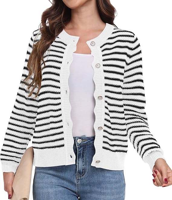 GRECERELLE Womens Lightweight Cardigan Casual Frenchy Striped Button Down Long Sleeve Knit Jumper Ladies Cardigans (White Black Striped,M)