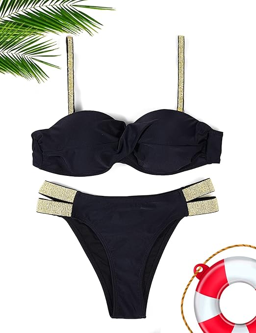 Voqeen Women Bikini Sets Push Up Padded Swimsuit Strapless Bandeau Twist Front Two-Piece Bathing Suit, Black, M