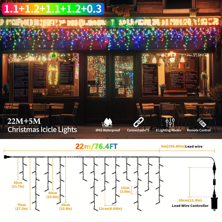 23.29m 780 LED Icicle Lights – 8 Modes, Timer, Remote Control, Connectable