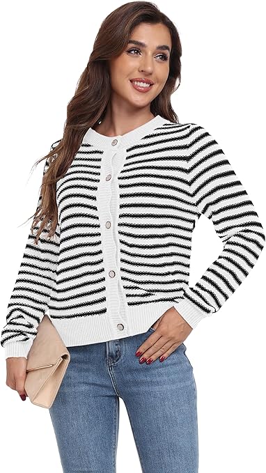 GRECERELLE Womens Lightweight Cardigan Casual Frenchy Striped Button Down Long Sleeve Knit Jumper Ladies Cardigans (White Black Striped,M)