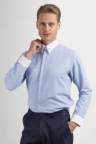 Jack Martin London Blue Striped Pin Collar Formal Shirts for Adult Men | Mens Long Sleeve Dress Shirt with Collar Bar (Blue,M)