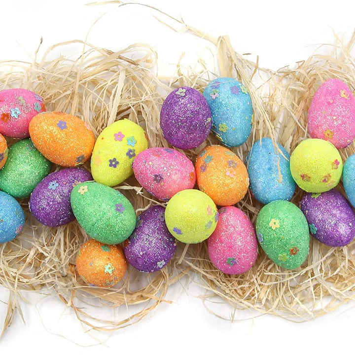 Easter Decoration - 24x Decorated Easter Glitter Eggs and Grass - 3cm X 4cm - For Easter Basket Decoration, Easter Egg Hunt, Party Decoration