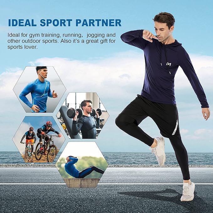 MEETYOO Men’s Running Tops 2 Pack, Sport Shirt Long Sleeve T-shirt Gym Tee for Fitness Workout Jogging, Navy Blue+Grey, M