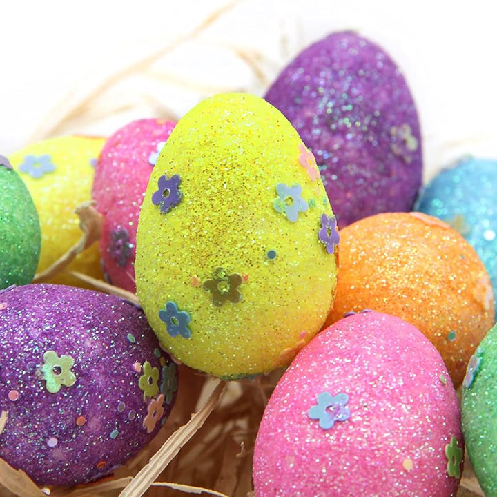 Easter Decoration - 24x Decorated Easter Glitter Eggs and Grass - 3cm X 4cm - For Easter Basket Decoration, Easter Egg Hunt, Party Decoration