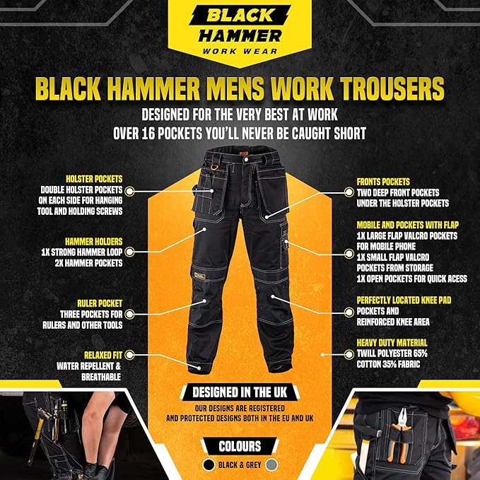 Black Hammer Men's Durable Lightweight Work Trousers Safety Cargo Pants for Men with Knee Pad & Multiple Pockets Professional Workwear for All Jobs Zilla Black (32W / 31L)