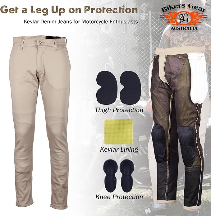 Bikers Gear Australia Unisex Kc0020-30r Kevlar Lined Modern Style Chino Motorcycle Jeans CE Protection, Tan Chino, 30 UK