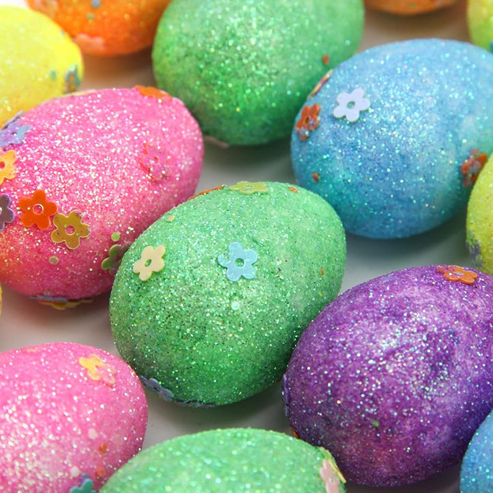 Easter Decoration - 24x Decorated Easter Glitter Eggs and Grass - 3cm X 4cm - For Easter Basket Decoration, Easter Egg Hunt, Party Decoration
