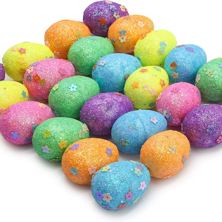 Easter Decoration - 24x Decorated Easter Glitter Eggs and Grass - 3cm X 4cm - For Easter Basket Decoration, Easter Egg Hunt, Party Decoration