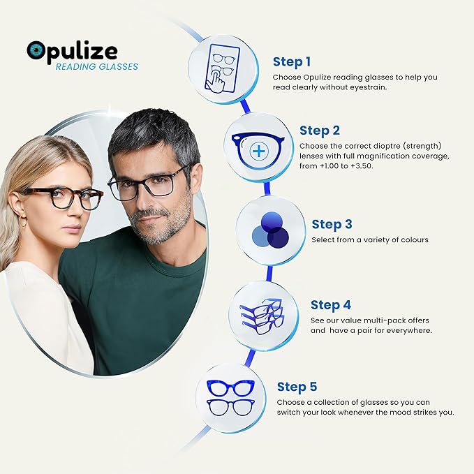 OPULIZE Pep Reading Glasses 6 Pack Classic Everyday Rectangular Frame Spring Hinges Scratch Resistant Black Mens Womens, +2.50