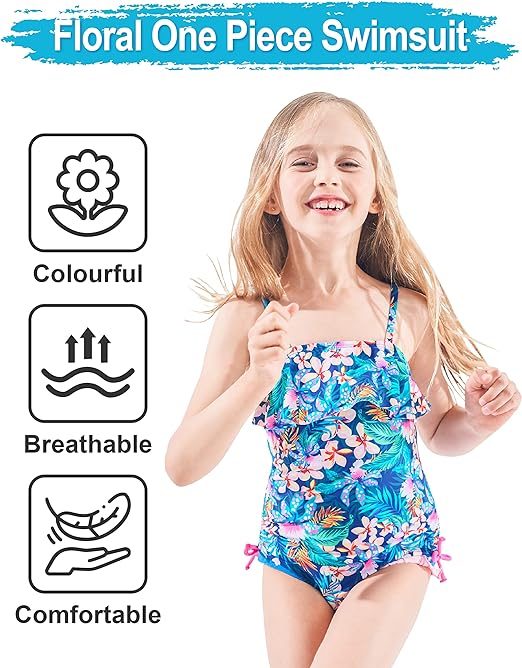 IKALI Girls One Piece Swimwear, Floral Ruffle Tropical Swimsuit, Beach Bathing Suit for Toddler Hawaii, 8-9 Years, Blue