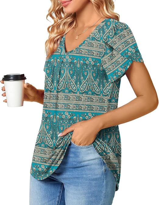 Bestbee Womens Short Sleeve Tops, Ladies Summer Tops Cute V Neck Shirts Plus Size Casual T-Shirts Loose Fit Blouses, Blue-Khaki, 2XL