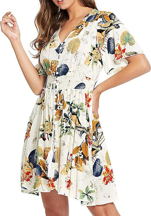 SEMIR Women's Boho Button Up Split Floral Print Flowy Party Dress Beige XL
