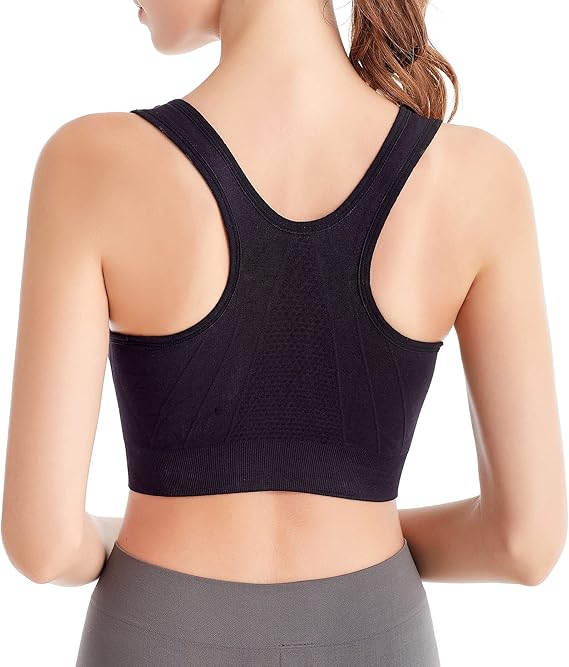 CLOUSPO Sports Bra Post Surgery Bra Zip Front Wireless with Removable Pads Yoga Bra for Workout Fitness(XXL,Black+White+Grey+Beige)