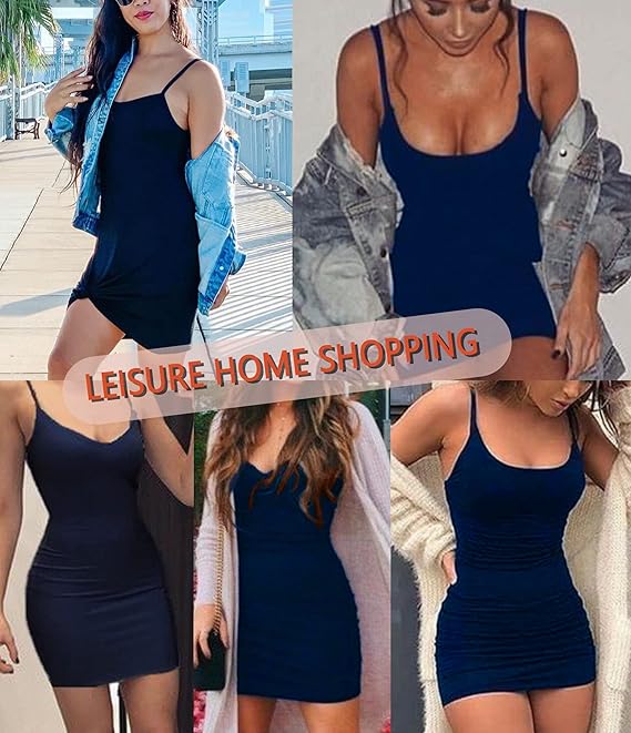 Vlazom Women's Full Slips Soft Slinky Petticoat Spaghetti Straps Ladies Sexy Nightdress Chemises Basic Underskirt Navy Blue,XL