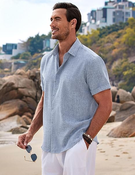 COOFANDY Mens Linen Shirts Short Sleeve Summer Button Down Beach Shirt, White, M