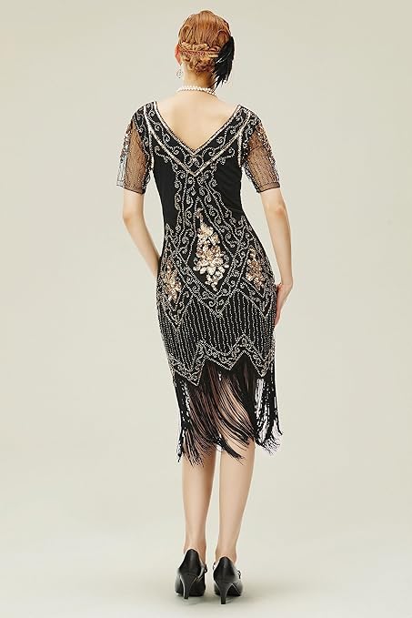 BABEYOND 1920s Flapper Fringed Sequin Dress Roaring 20s Fancy Dress Gatsby Costume Dress V Neck Vintage Beaded Evening Dress (BlackGold, 3XL)