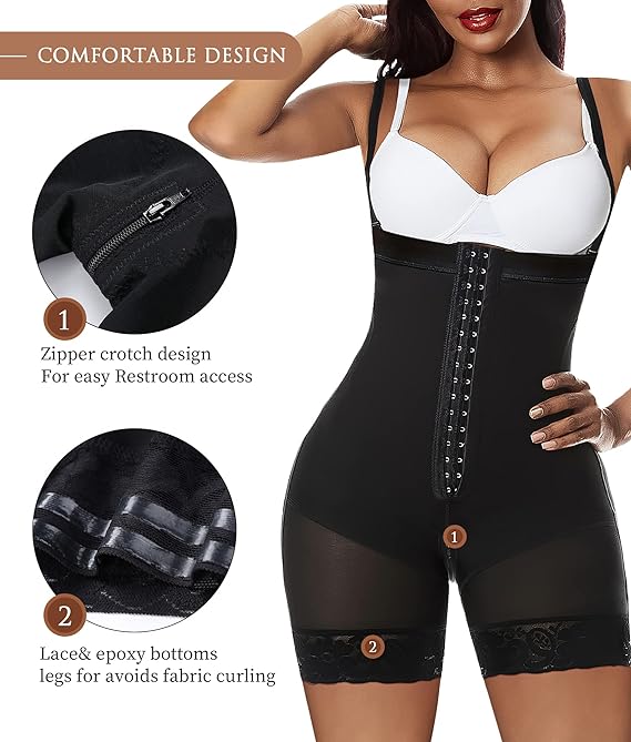 YIANNA Fajas Colombianas High Compression Hooks Shapewear for Women Tummy Control Bodysuit Butt Lifter Body Shaper Zip Crotch Black 7243 S