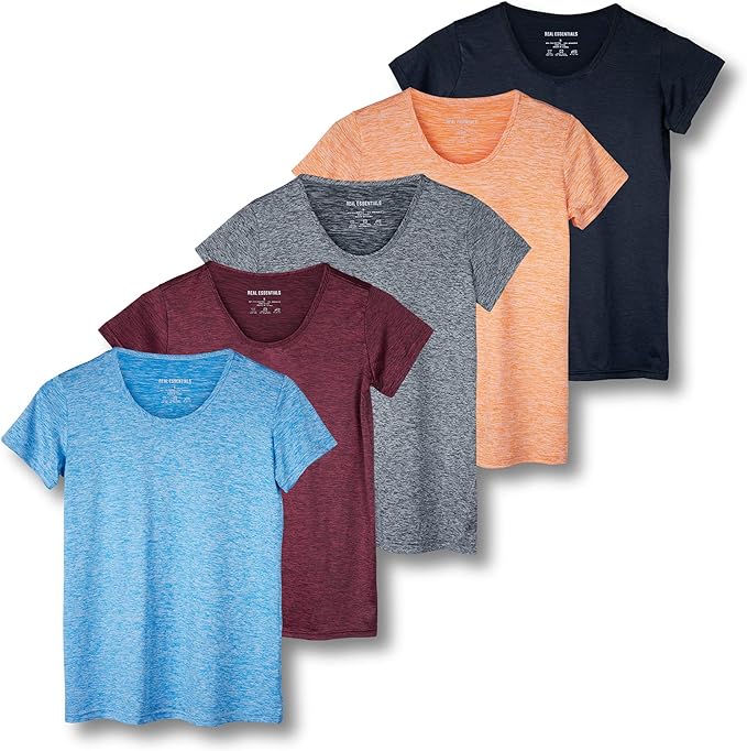 5 Pack: Womens Quick Dry Fit Dri Fit Active Wear Yoga Workout Athletic Tops Essentials Clothes Running Gym Zumba Exercise Ladies Short Sleeve Crew Scoop Neck Moisture Wicking Tees T-Shirt - Set 2,XL