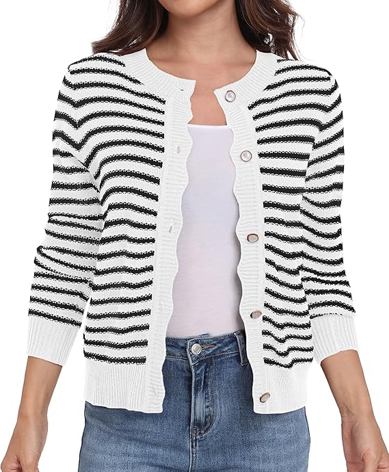 GRECERELLE Womens Lightweight Cardigan Casual Frenchy Striped Button Down Long Sleeve Knit Jumper Ladies Cardigans (White Black Striped,M)