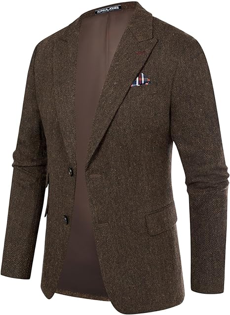 PJ PAUL JONES Men's Vintage Herringbone Tweed Blazers British Wool Blend Sport Coat Jacket, Brown Herringbone, XL