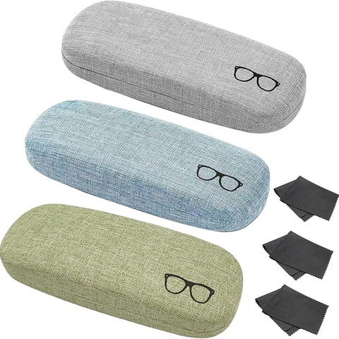 XYQMLY 3 Pack Hard Shell Eyeglasses Case, Unisex Portable Glasses Protection Case Linen Fabrics Glasses Case, Blue/Green/Grey, Medium