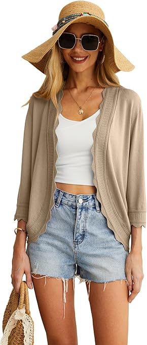 GRECERELLE Womens Summer Cardigan Lightweight Soft Casual Cropped Knit Shrugs Jumper Womens Tops for Dress Summer Evening Wedding (Khaki, M)