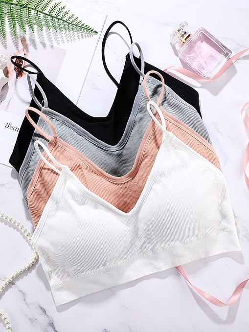 Blulu 4 Pieces V Neck Cami Bra Padded Seamless Bralette Straps Sleeping Bra for Women Girls, Black, White, Grey, Skin Color, XXL