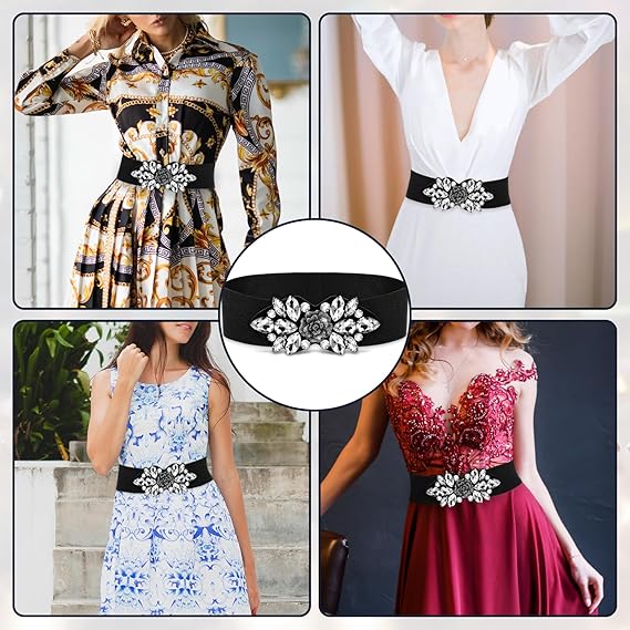 Amaxiu Elastic Rhinestone Wide Waist Belt, Stretchy Crystal Thick Belts Vintage Flower Waistband Waist Accessories for Women Dress