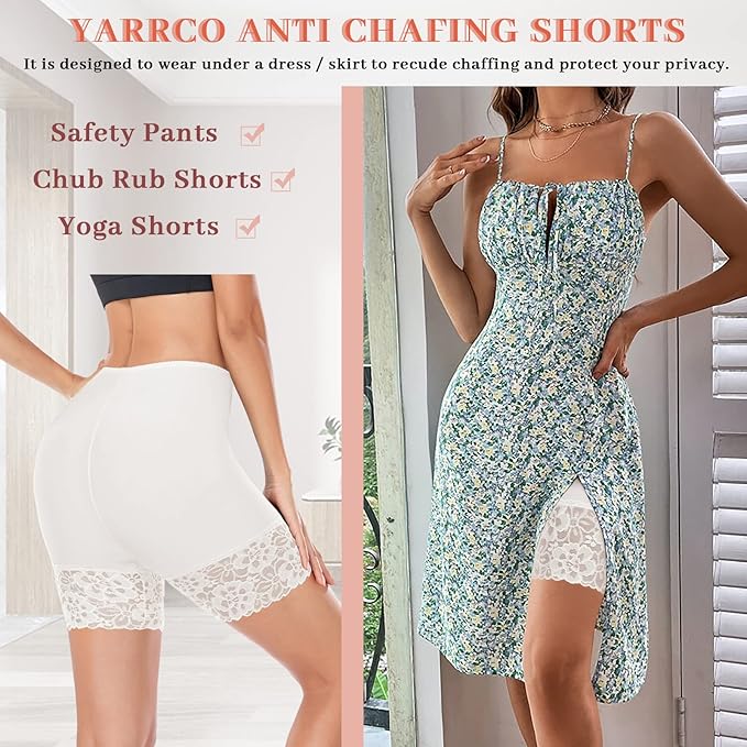 YARRCO Lace Anti Chafing Shorts for Women Chub Rub Shorts Seamless Slip Shorts for Under Dresses Boyshorts Safety Shorts Underwear (White (Long),XXL)