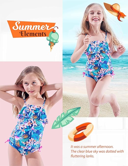 IKALI Girls One Piece Swimwear, Floral Ruffle Tropical Swimsuit, Beach Bathing Suit for Toddler Hawaii, 8-9 Years, Blue