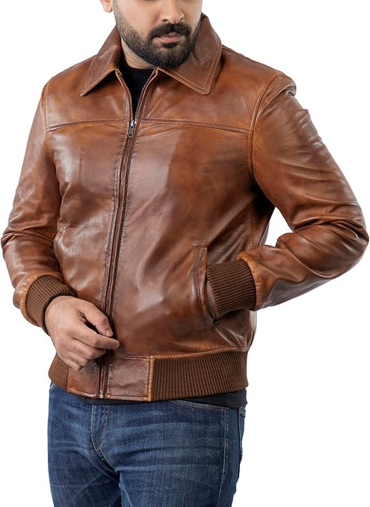 Mens Biker Vintage Distressed Bomber Winter Leather Jacket, Brown, XL-For Person with Chest (43 inches or 109cm)