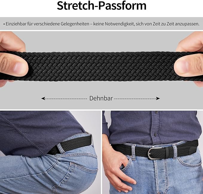 TANGCHAO Mens Belt,Elastic Braided Belt Unisex Men Women Braided Elastic Stretch Woven Belt 33mm(1.25") Multi Colours Black 90