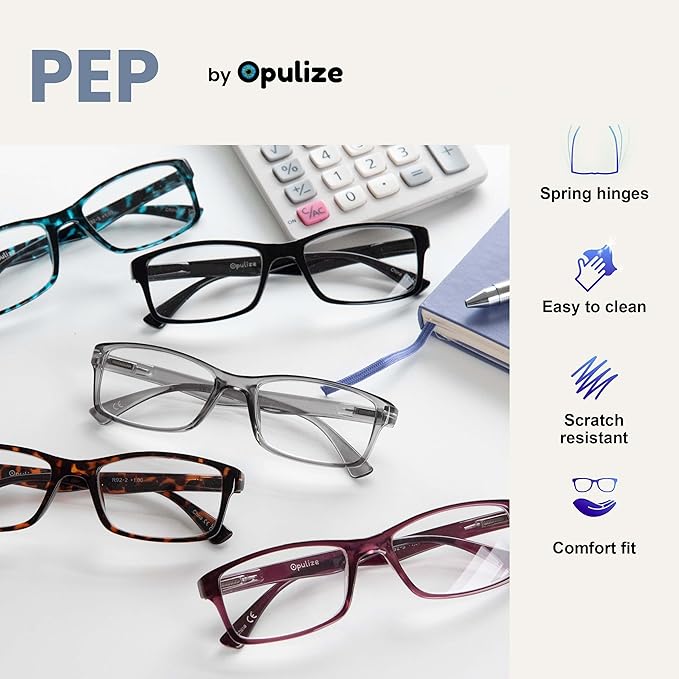 OPULIZE Pep Reading Glasses 6 Pack Classic Everyday Rectangular Frame Spring Hinges Scratch Resistant Black Brown Transparent Grey Mens Womens +2.50