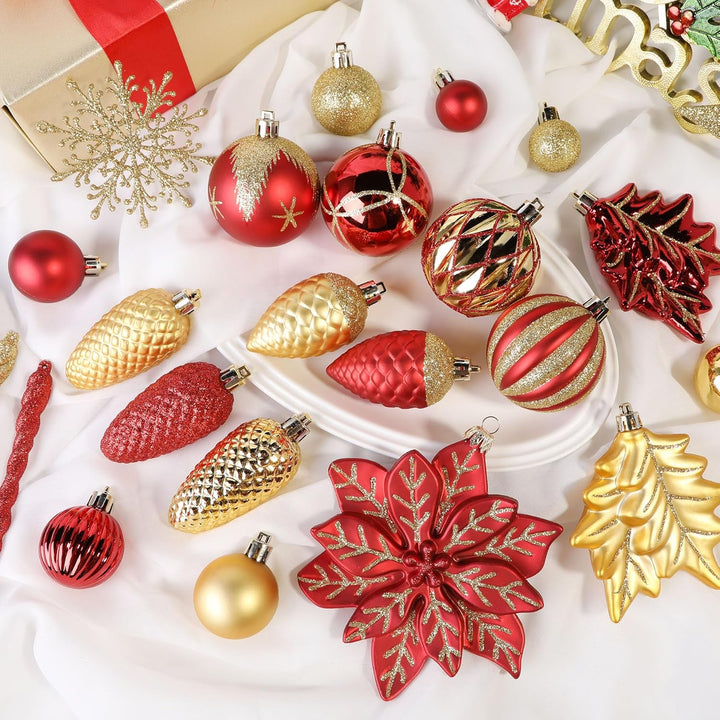 106Pcs Red & Gold Christmas Baubles Set – Shatterproof Ornaments with Hooks
