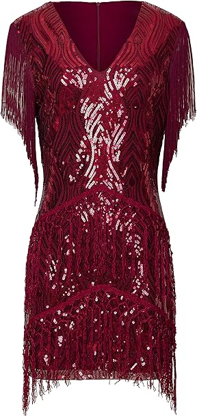 BABEYOND 1920s Flapper Dress Fringed Sequin Dress Roaring 20s Fancy Dress Gatsby Costume Dress V Neck Vintage Beaded Evening Dress WineRed, L
