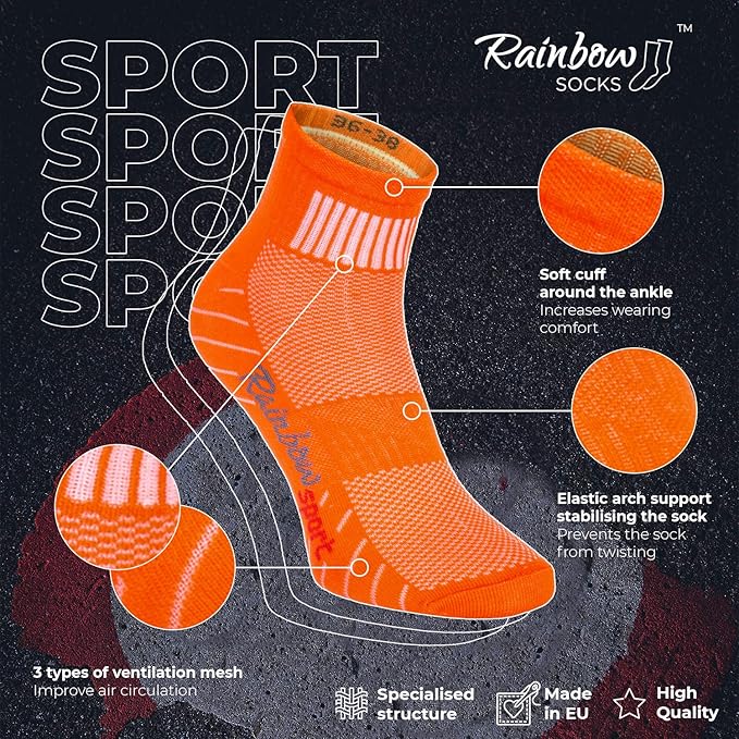 Rainbow Socks - Women Men Colourful Cotton Sneaker Sport Socks - 6 Pairs - Orange Red Yellow Turquoise Green Fuchsia - Size 10-11,5