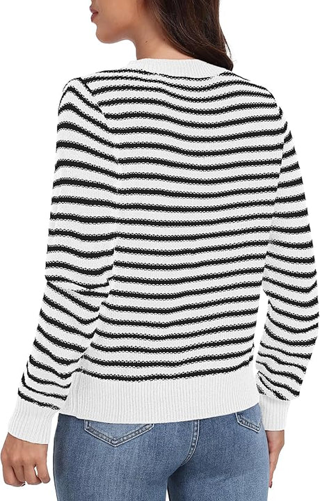 GRECERELLE Womens Lightweight Cardigan Casual Frenchy Striped Button Down Long Sleeve Knit Jumper Ladies Cardigans (White Black Striped,M)