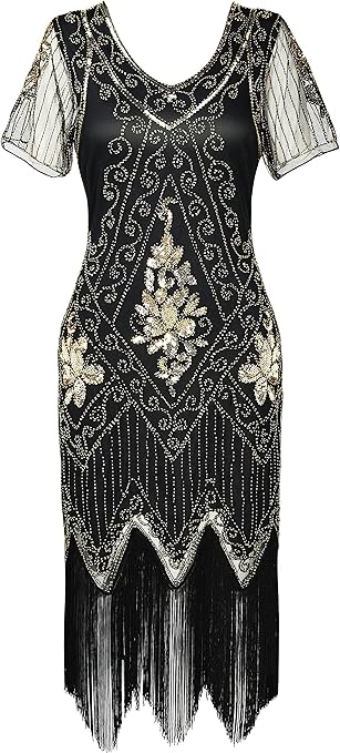 BABEYOND 1920s Flapper Fringed Sequin Dress Roaring 20s Fancy Dress Gatsby Costume Dress V Neck Vintage Beaded Evening Dress (BlackGold, 3XL)