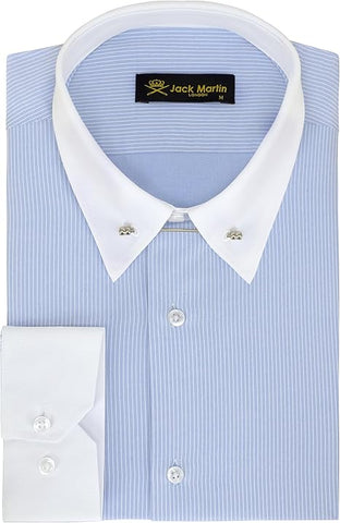 Jack Martin London Blue Striped Pin Collar Formal Shirts for Adult Men | Mens Long Sleeve Dress Shirt with Collar Bar (Blue,M)
