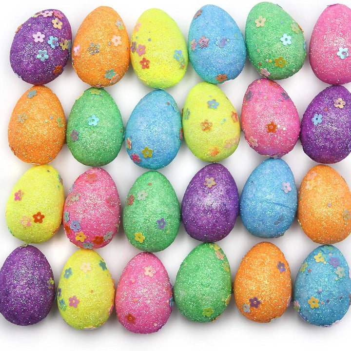 Easter Decoration - 24x Decorated Easter Glitter Eggs and Grass - 3cm X 4cm - For Easter Basket Decoration, Easter Egg Hunt, Party Decoration