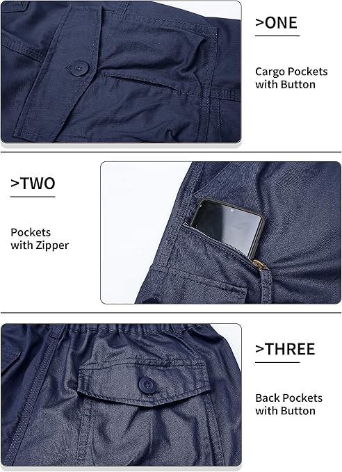 TACVASEN Knee Length Shorts Men Zip Pockets Shorts Military Outdoor Shorts Cargo Shorts Men 3 4 Sports Shorts Long Army Pants Navy Blue, 32-34
