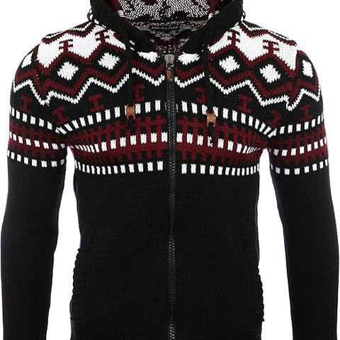 Reslad Men's Chunky-knit Norwegian Pullover, Winter Cardigan, Hoodie, RS-3104 - Black - Medium